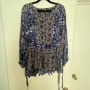 FREE PEOPLE dark blue, white tunic with side draw strings, Medium